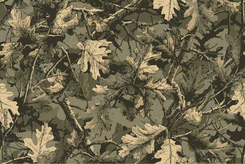 A seamless pattern of camouflage with oak leaves, showcasing the beauty and intricacy of nature.Forest real tree hunting camouflage seamless pattern design for military and hunting uniform. 