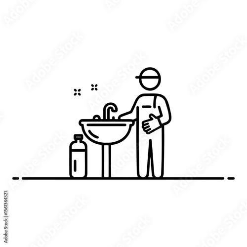 Person holding a bottle while standing near a sink during bathroom renovation in minimalistic style 