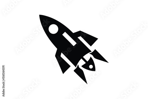 Bold Black Silhouette Rocket Ship Icon:  Startup, Innovation, and Technology Concept;  Modern Minimalist Design,  Aspirational and Dynamic,  Perfect for Website Banners, App Interfaces, and Presentati