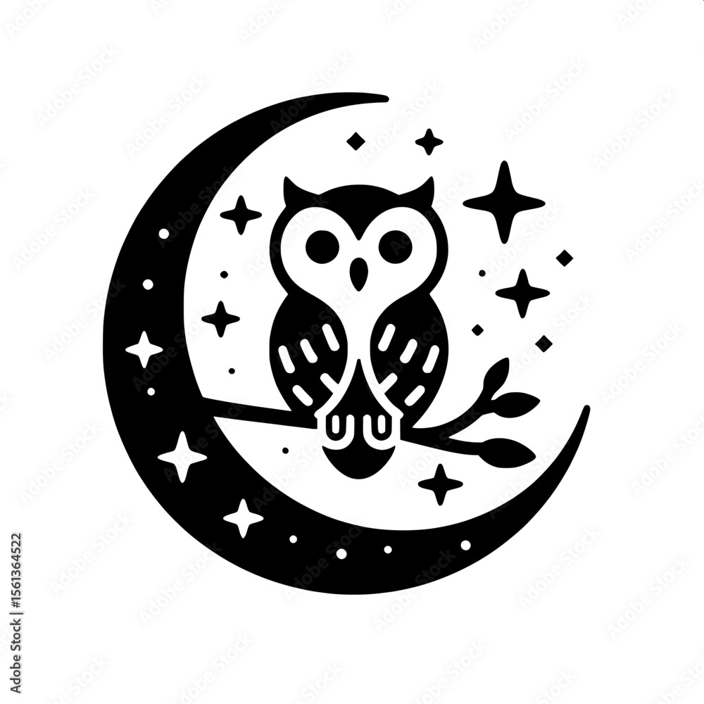 Obraz premium Moonlit Owl on a Crescent Branch