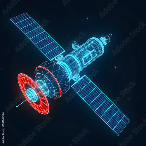 Futuristic glowing schematic of a satellite, drawn with neon lines and high-tech detailing, showcasing its components in a sleek and modern visual style.