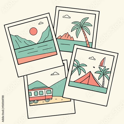 Collection of polaroid pictures showing vacation scenes with palm trees, mountains, sun, and a bus ride