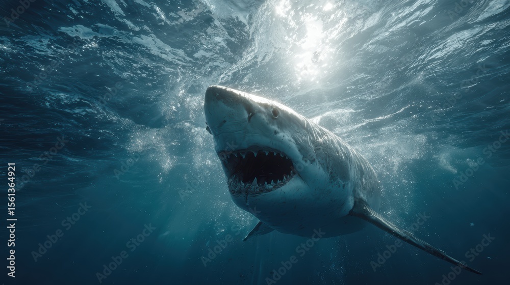 Obraz premium A great white shark emerging from deep blue waters