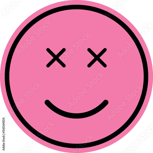 A simple, vibrant pink emoji face with crossed-out eyes, creating a whimsical and potentially ironic or humorous expression.