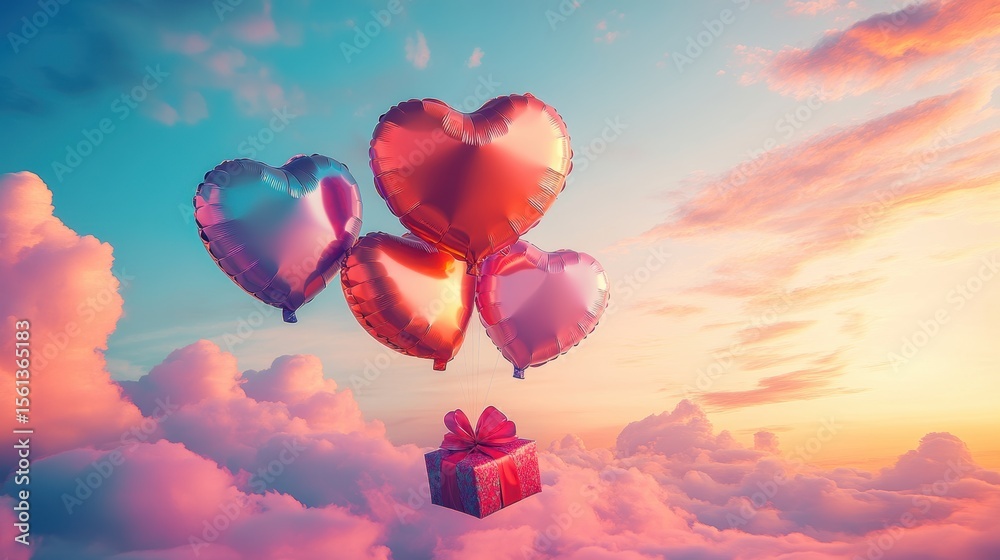 Fototapeta premium A Box flying on a parachute with pink cloud in valentine day,package flying down from sky and cloud with parachute, concept for delivery service,shopping online,air delivery service.