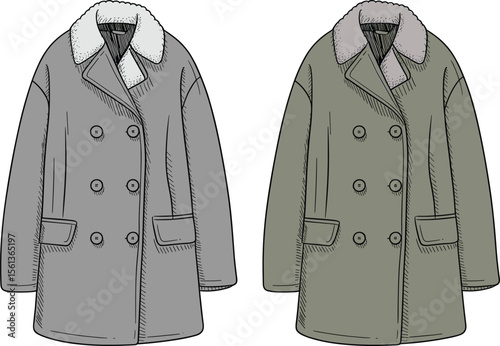 CAD drawing flat vector illustration, double-breasted winter coat design, shearling collar detailing, front and back view, stylish outerwear sketch, Adobe Stock fashion template