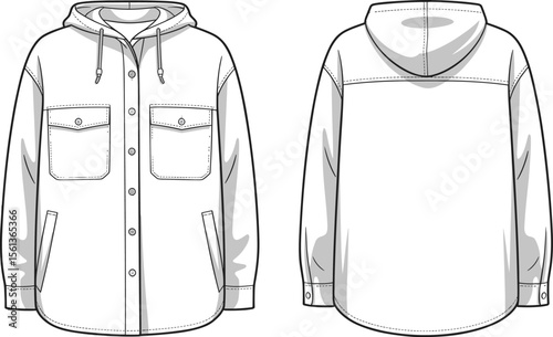 CAD drawing flat vector illustration, hooded puffer jacket front and back, winter fashion sketch, zipper detail design, cozy outerwear layout, Adobe Stock image