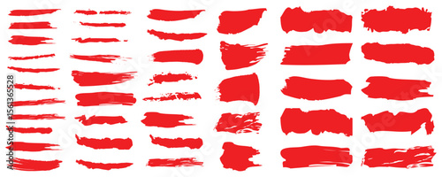 Collection of vector red paint tube, paintbrush and brush strokes. Grunge design elements. Painted ink stripes. Creative isolated spots. Vector illustration. Isolated on white background.