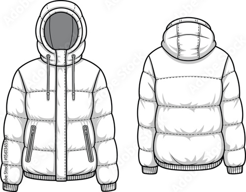 CAD drawing flat vector illustration, puffer jacket with hood, front and back view, winter fashion design, warm outerwear layout, zipper detail, Adobe Stock