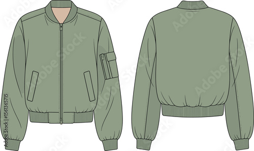 CAD drawing flat vector illustration, green bomber jacket front and back, ribbed collar and cuffs, zipper design sketch, trendy fashion template, Adobe Stock image