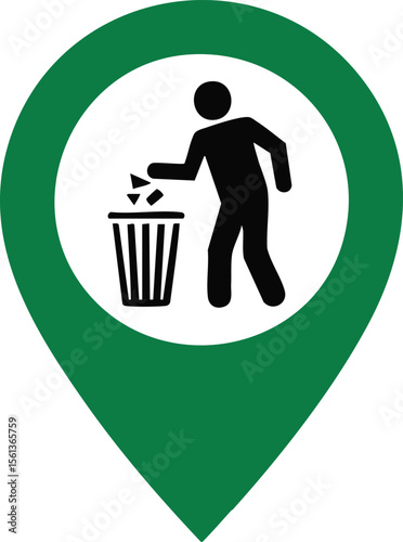 Green Location Marker Sign With Person Throwing Trash In Bin Symbol For Waste Disposal Environmental Cleanliness And Recycling

