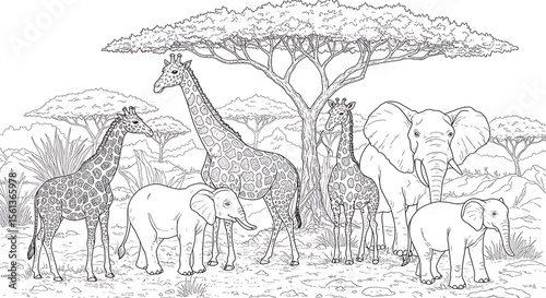 African Animals coloring page for kids A4 F4 Drawing book black and white background