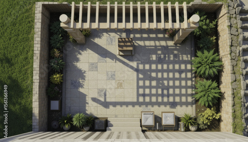 Aerial view of modern patio with wooden pergola casting shadows, surrounded by lush greenery and stone walls. space includes seating and decorative plants, creating serene outdoor area