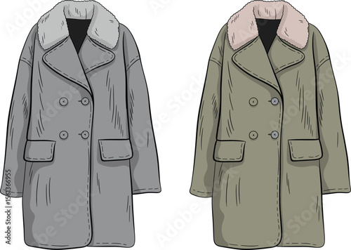 CAD drawing flat vector illustration, winter coat front and back, fur collar outerwear, double-breasted design, fashion garment sketch, cozy stylish layout, Adobe Stock