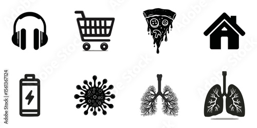 Icons representing music, shopping, food, health, and home lifestyle