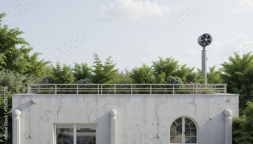 Modern rooftop garden with lush greenery and ventilation system on concrete building, under clear sky, creates serene and eco friendly atmosphere