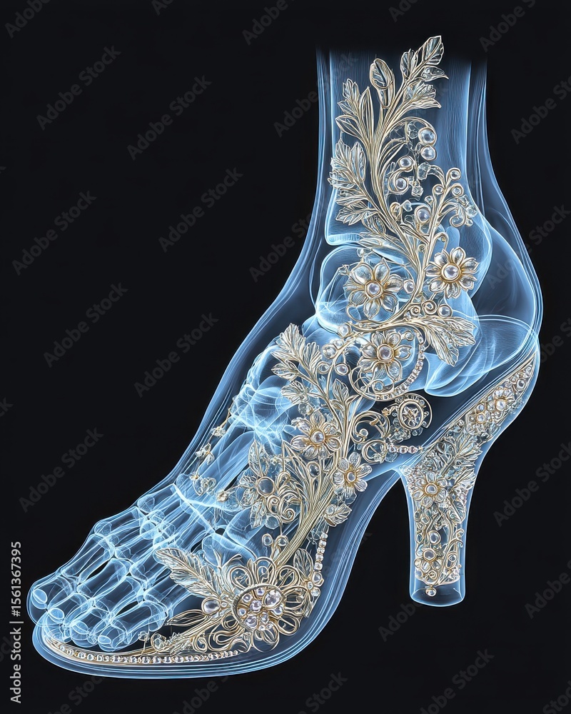 Obraz premium XRay High Heel Shoe with Gold Glitter and Blue Hues