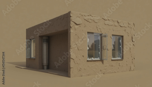 Small, minimalist, cube shaped building with textured walls and large windows, set against plain background. structure features cylindrical vent and open window, creating modern yet rustic