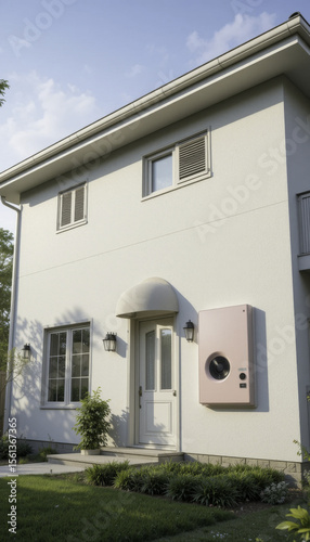 Modern two story house with white exterior features unique wall mounted appliance next to front door, surrounded by well maintained garden and illuminated by outdoor lights