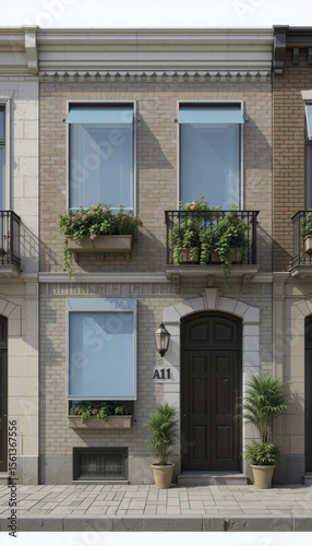 Charming two story townhouse with brick facade features blue awnings and potted plants on window sills. black door is flanked by potted palms, creating welcoming entrance