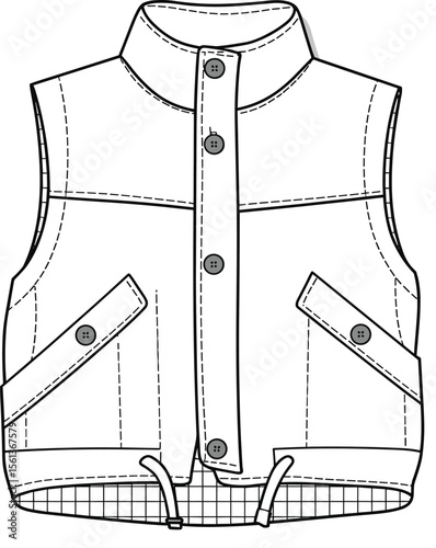 CAD drawing flat vector illustration, sleeveless vest design, high collar style, buttoned front sketch, fashion template, garment layout, apparel technical sketch, Adobe Stock image