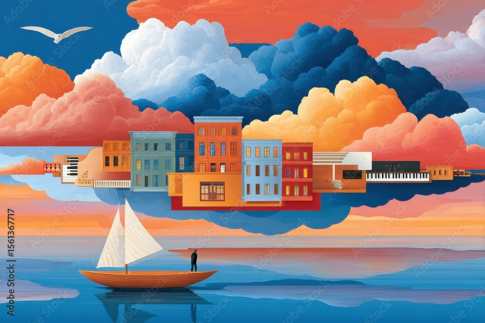 Naklejka premium Surreal floating cityscape above calm waters with vibrant colors and clouds