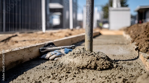 Detailed shot of freshly poured concrete footing with a metal post centered and trowel marks visible