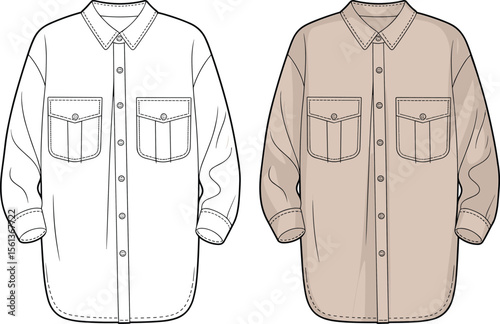 CAD drawing flat vector illustration, oversized shirt design, button-up front, front view technical sketch, long sleeve style, fashion apparel template, Adobe Stock layout