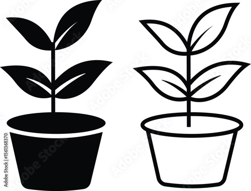 Black bush potted plant flat, line icon set. Silhouette growing home plant, seedling for decorating interior with nature, planting with cultivation in vectors garden. Symbol of growth, freshness, eco.