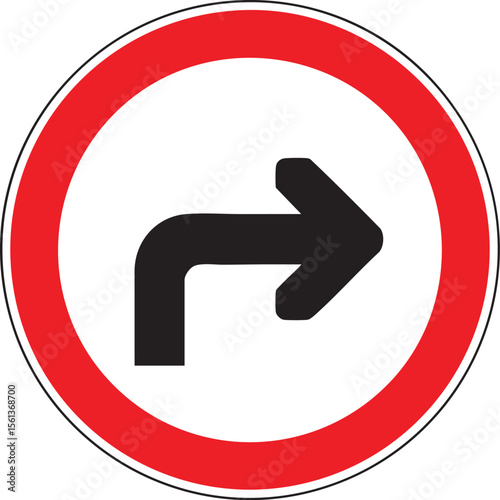Mandatory Traffic Sign Showing Compulsory Right Turn Direction With Red Circle Border And Black Arrow On White Background

