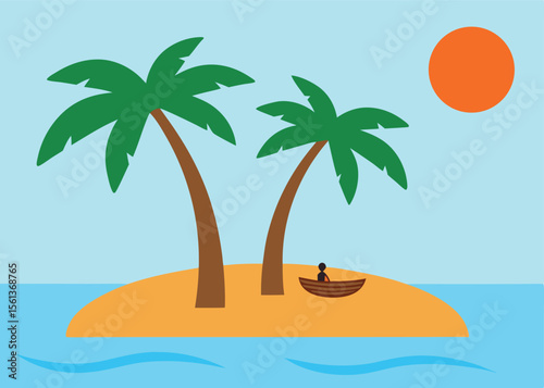 Cartoon illustration of a small island with two palm trees a sandy beach a small boat with a person and a bright sun in a light blue sky over the ocean isolated 
