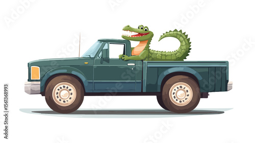 Cute Cartoon Alligator Riding in Pickup Truck