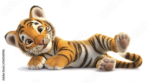 Cute Cartoon Baby Tiger Sitting Happily Isolated on White Background