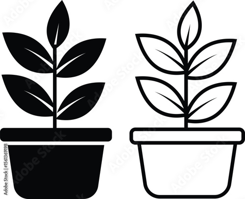 Black bush potted plant flat, line icon set. Silhouette growing home plant, seedling for decorating interior with nature, planting with cultivation in vectors garden. Symbol of growth, freshness, eco.