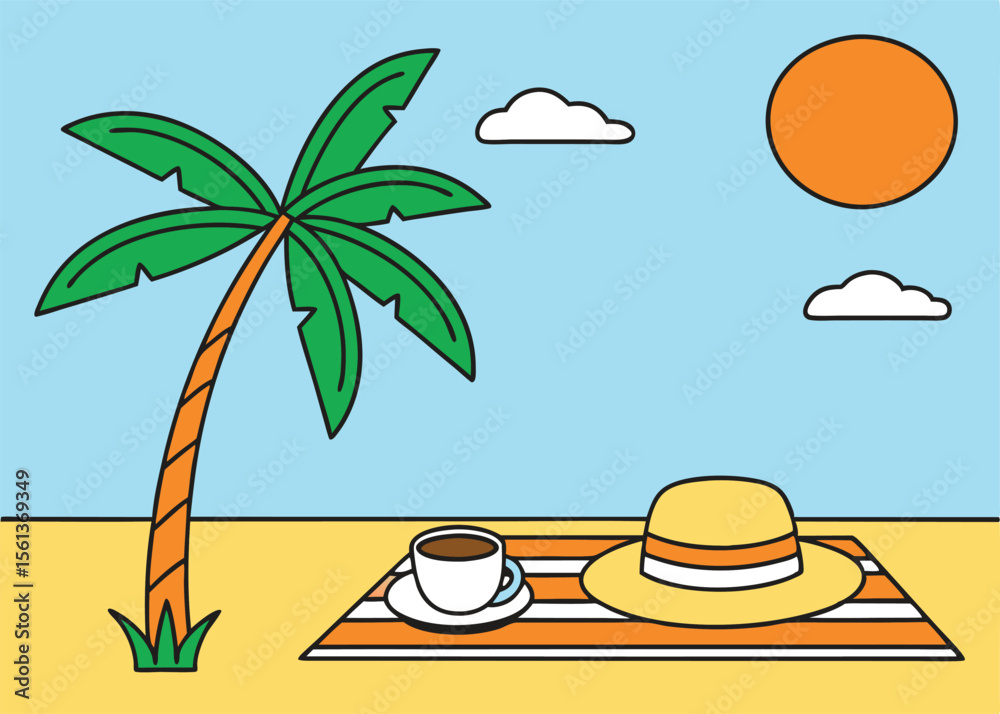 Obraz premium Stylized cartoon illustration of a tropical beach scene with a palm tree sun clouds a straw hat and a cup of coffee on a striped towel isolated 
