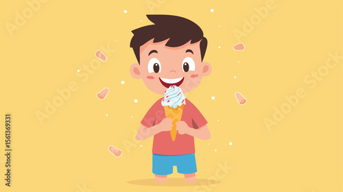 Happy Cartoon Boy Enjoying Ice Cream Flat Vector Illustration