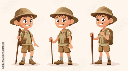 Adventurous Cartoon Boy in Safari Outfit with Walking Stick