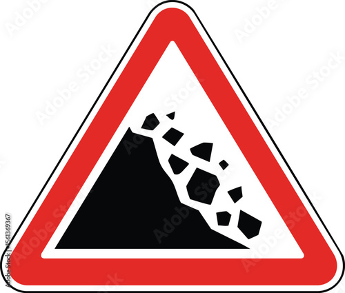 Falling Rocks Warning Sign Landslide Hazard Road Safety Triangle Red Black Symbol Caution Mountain Cliff Debris Alert Notice


