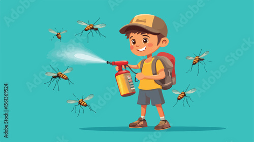 Cartoon Boy Spraying Insect Killer to Mosquito