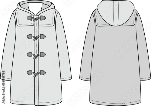 CAD drawing flat vector illustration of hooded duffle coat, toggle closure, structured outerwear, front and back views, winter garment layout, fashion sketch, clothing design template
