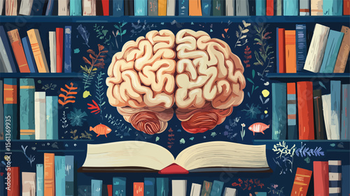 Cartoon Brain Reading Flat Vector Illustration