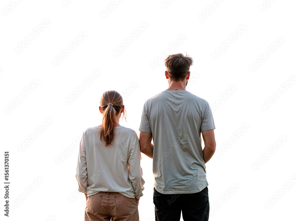 Fototapeta premium Couple watching the sunset. White or transparent background.