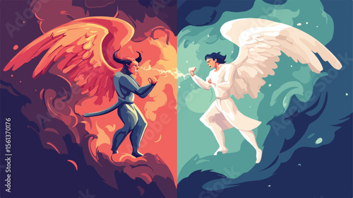 Intense Cartoon Character Battle Between Devil and Angel