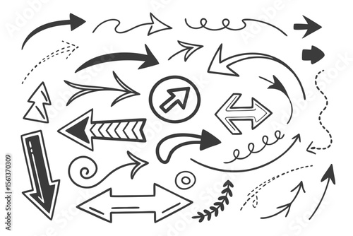 Hand-Drawn Arrows Set in Vector Sketch Style Featuring Circular and Swirled Black Designs for Infographic Charts, UI Navigation Layouts, and Presentation Templates.

