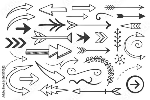 Hand-Drawn Arrow Collection in Vector Format Featuring Curved, Circular, and Zigzag Black Icons for UI Navigation Layouts, Infographics, and Graphic Presentations.

