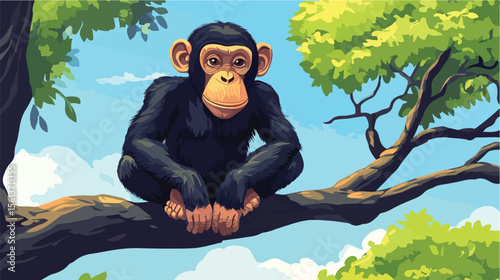 Playful Cartoon Chimpanzee Sitting on Tree Branch