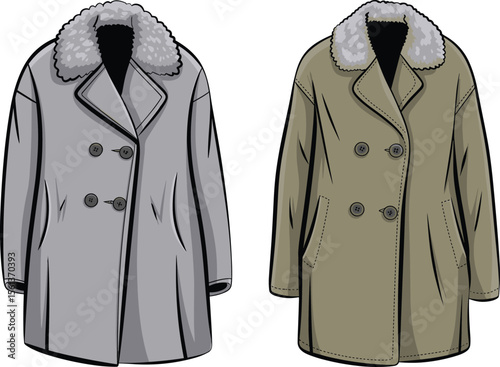 CAD drawing flat vector illustration of double-breasted winter coats, shearling collar detail, front and back views, stylish outerwear design, garment template, cozy fashion sketch