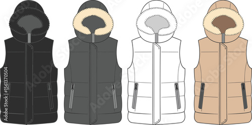 CAD drawing flat vector illustration of hooded winter vests, zipper closure, fur-lined hood, side zip pockets, front and back views, stylish outerwear design, fashion template