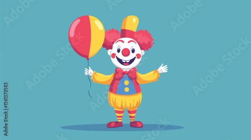 Colorful Cartoon Clown Holding Balloon Flat Vector Illustration
