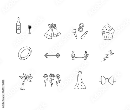 A hand-drawn vector icon set featuring over wedding-themed illustrations in clean black line art.